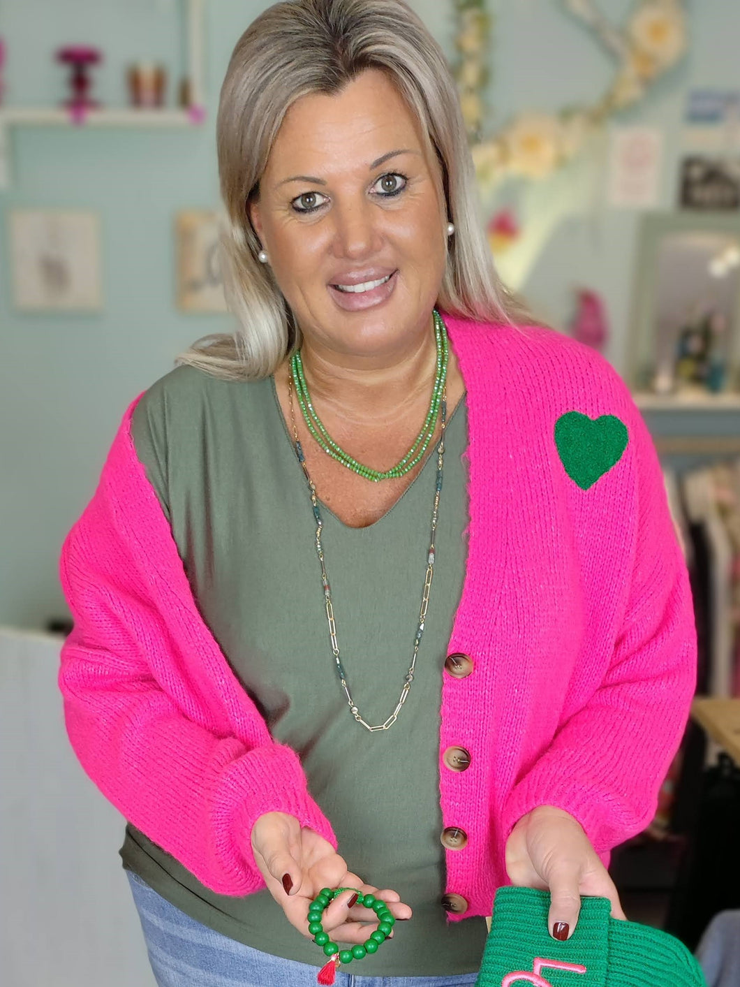 STRICK JACKE PINK GREEN HEART WOLLMIX ONE SIZE